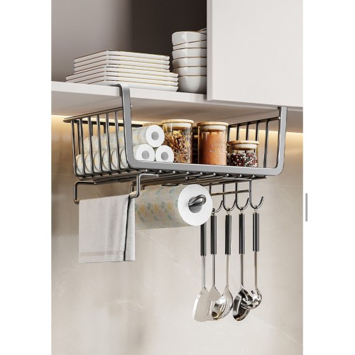 4 in 1 Metallic Under Shelf Rack with Hooks – Black Organizer for Kitchen & Closet