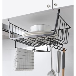 4 in 1 Metallic Under Shelf Rack with Hooks – Black Organizer for Kitchen & Closet