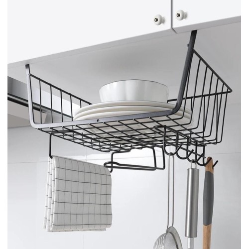 4 in 1 Metallic Under Shelf Rack with Hooks – Black Organizer for Kitchen & Closet