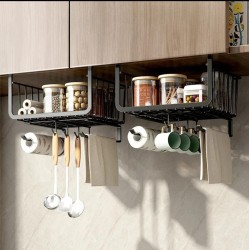 4 in 1 Metallic Under Shelf Rack with Hooks – Black Organizer for Kitchen & Closet