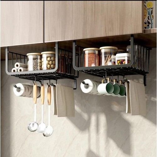 4 in 1 Metallic Under Shelf Rack with Hooks – Black Organizer for Kitchen & Closet 4 in 1 Metallic Under Shelf Rack with Hooks – Black Organizer for Kitchen & Closet