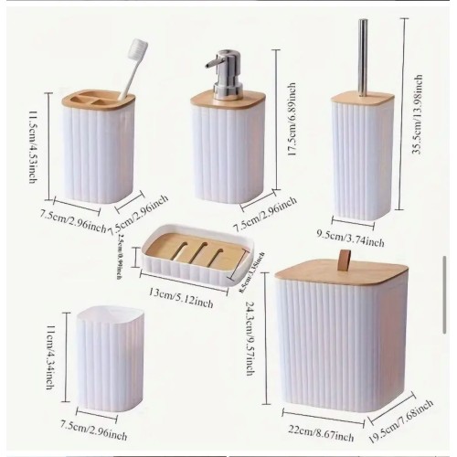 6 in 1 Bathroom Accessories Set with Wooden Top 6 in 1 Bathroom Accessories Set with Wooden Top
