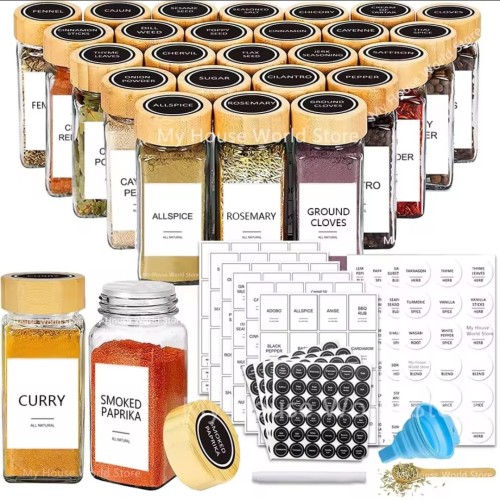 29pcs Glass Spice Jar Set with Bamboo Lids – Airtight, Refillable, Labe