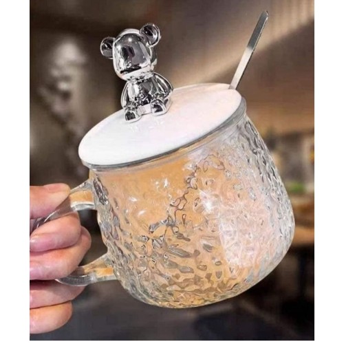 Elegant Glass Cup with Lid and Spoon – Stylish Drinkware