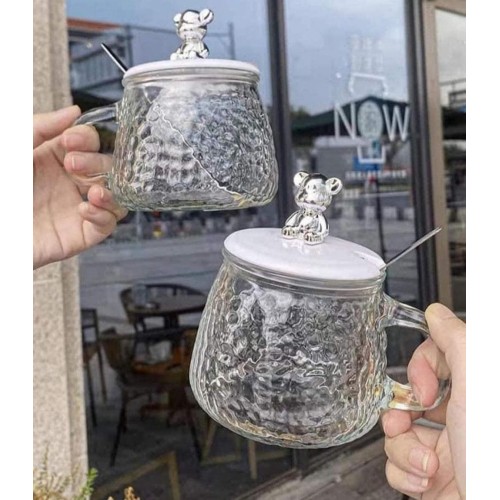 Elegant Glass Cup with Lid and Spoon – Stylish Drinkware