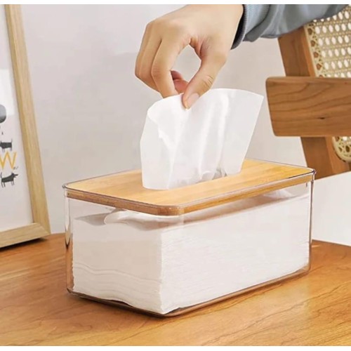 Nordic Minimalist Tissue Box with Bamboo Lid – Transparent Serviette Holder Nordic Minimalist Tissue Box with Bamboo Lid – Transparent Serviette Holder