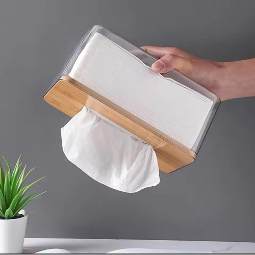 Nordic Minimalist Tissue Box with Bamboo Lid – Transparent Serviette Holder