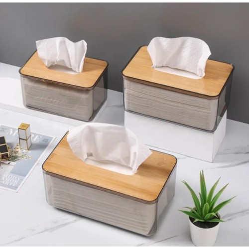 Nordic Minimalist Tissue Box with Bamboo Lid – Transparent Serviette Holder