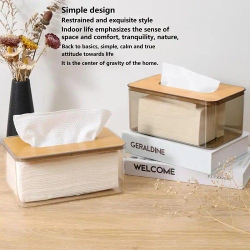 Nordic Minimalist Tissue Box with Bamboo Lid – Transparent Serviette Holder