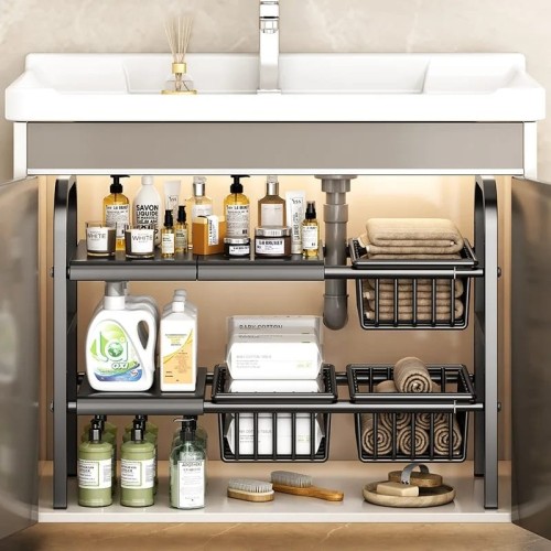 Adjustable 2-Tier Under-Sink Rack – Kitchen & Bathroom Organizer Adjustable 2-Tier Under-Sink Rack – Kitchen & Bathroom Organizer