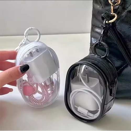 Clear Mini Zipper Storage Pouch with Cartoon Keychain – Toy & Gadget Organizer