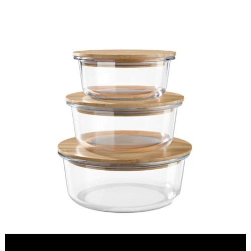 3Pcs Round Glass Storage Container Set With Bamboo Lid 3Pcs Round Glass Storage Container Set With Bamboo Lid
