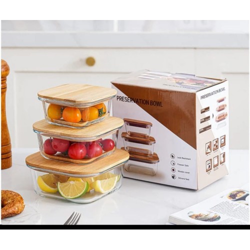 3Pcs Rectangular Glass Storage Container Set With Bamboo Lid 3Pcs Rectangular Glass Storage Container Set With Bamboo Lid
