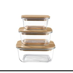 3Pcs Rectangular Glass Storage Container Set With Bamboo Lid
