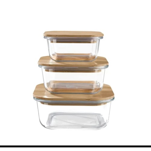 3Pcs Rectangular Glass Storage Container Set With Bamboo Lid 3Pcs Rectangular Glass Storage Container Set With Bamboo Lid