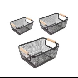 3Pcs Extra-Large Plastic Mesh Storage Basket With Bamboo Handles