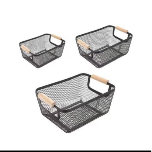 3Pcs Extra-Large Plastic Mesh Storage Basket With Bamboo Handles 3Pcs Extra-Large Plastic Mesh Storage Basket With Bamboo Handles