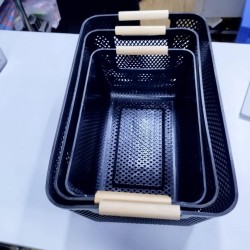 3Pcs Extra-Large Plastic Mesh Storage Basket With Bamboo Handles