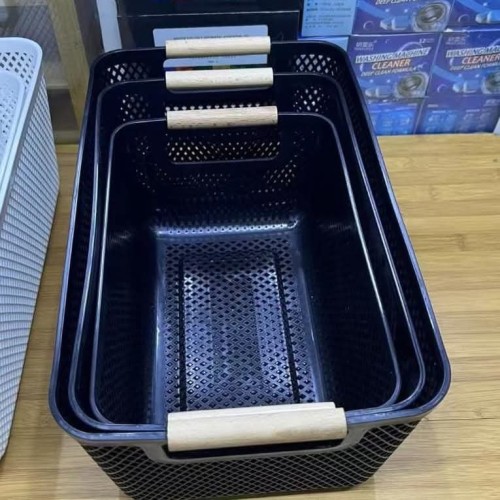 3Pcs Extra-Large Plastic Mesh Storage Basket With Bamboo Handles 3Pcs Extra-Large Plastic Mesh Storage Basket With Bamboo Handles