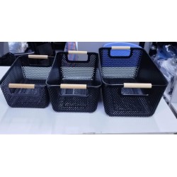 3Pcs Extra-Large Plastic Mesh Storage Basket With Bamboo Handles