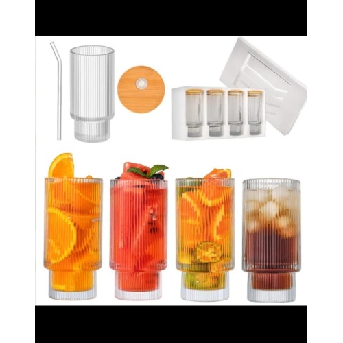 Highball Crystal Ribbed Glasses with Bamboo Lid & Straws – 4pcs Set