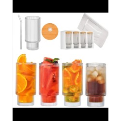 Highball Crystal Ribbed Glasses with Bamboo Lid & Straws – 4pcs Set