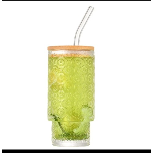 Highball Crystal Ribbed Glasses with Bamboo Lid & Straws – 4pcs Set