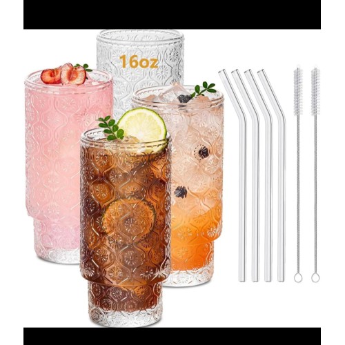 Highball Crystal Ribbed Glasses with Bamboo Lid & Straws – 4pcs Set