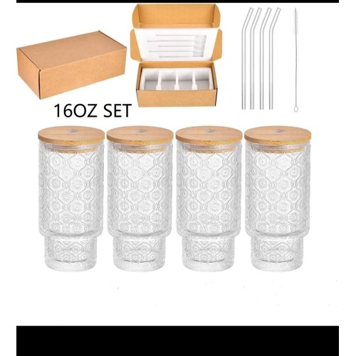 Highball Crystal Ribbed Glasses with Bamboo Lid & Straws – 4pcs Set