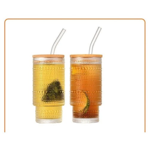 Highball Crystal Ribbed Glasses with Bamboo Lid & Straws – 4pcs Set