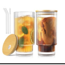 Highball Crystal Ribbed Glasses with Bamboo Lid & Straws – 4pcs Set