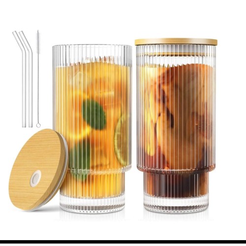 Highball Crystal Ribbed Glasses with Bamboo Lid & Straws – 4pcs Set
