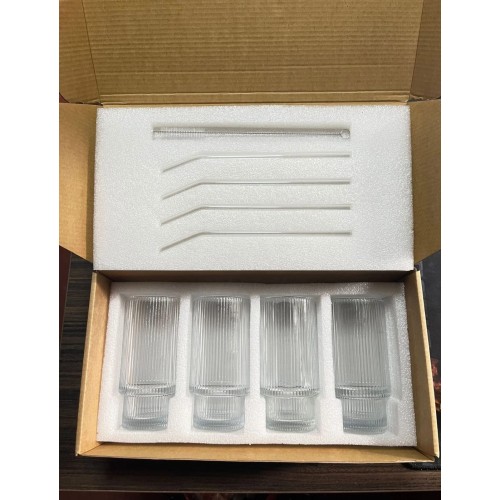Highball Crystal Ribbed Glasses with Bamboo Lid & Straws – 4pcs Set