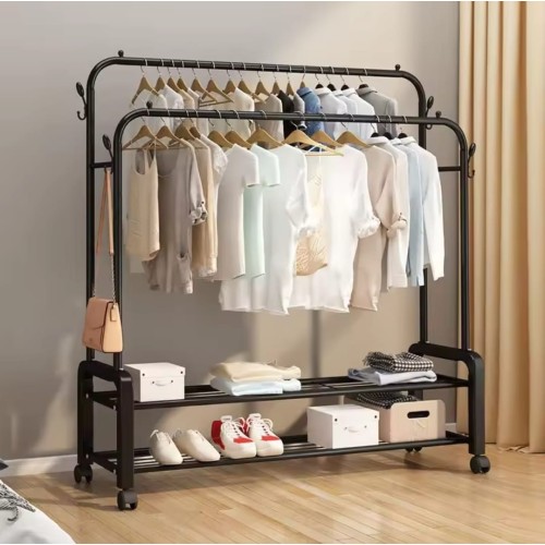 Double Pole Clothing Rack with Wheels & Shoe Rack Double Pole Clothing Rack with Wheels & Shoe Rack