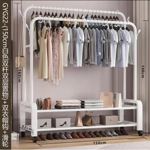 Double Pole Clothing Rack with Wheels & Shoe Rack Double Pole Clothing Rack with Wheels & Shoe Rack