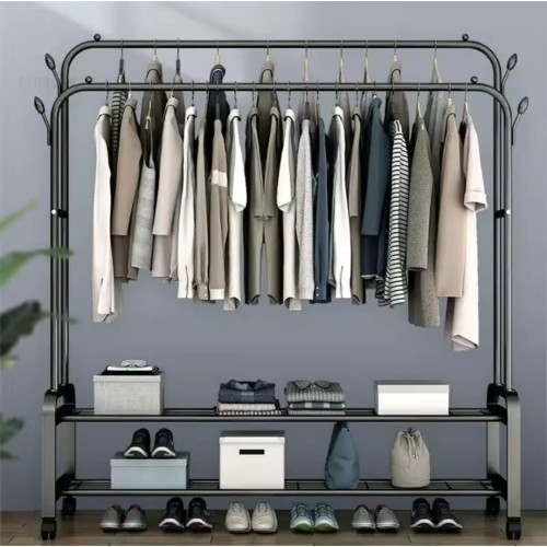 Double Pole Clothing Rack with Wheels & Shoe Rack Double Pole Clothing Rack with Wheels & Shoe Rack