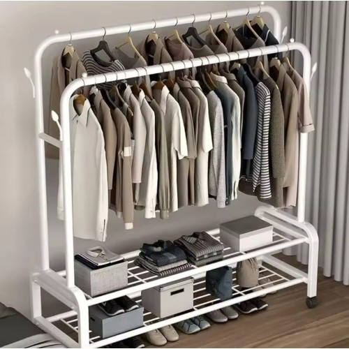 Double Pole Clothing Rack with Wheels & Shoe Rack Double Pole Clothing Rack with Wheels & Shoe Rack