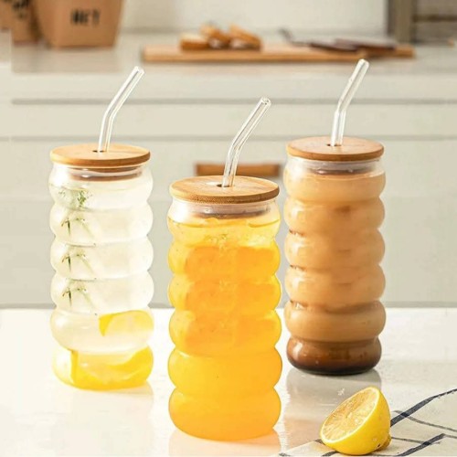Ripple Wave Glass Cup with Bamboo Lid – 500ml Ripple Wave Glass Cup with Bamboo Lid – 500ml