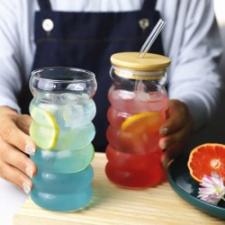 Ripple Wave Glass Cup with Bamboo Lid – 500ml