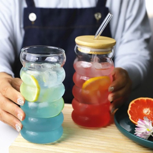 Ripple Wave Glass Cup with Bamboo Lid – 500ml Ripple Wave Glass Cup with Bamboo Lid – 500ml