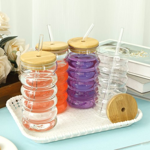 Ripple Wave Glass Cup with Bamboo Lid – 500ml