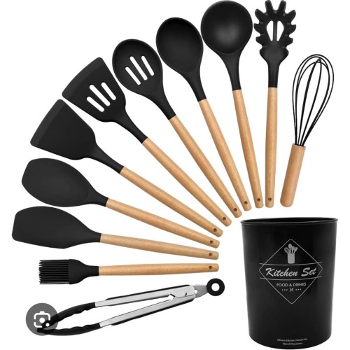 12 Pcs Silicone Cooking Utensils Set with Wooden Handle – Pink 12 Pcs Silicone Cooking Utensils Set with Wooden Handle – Pink