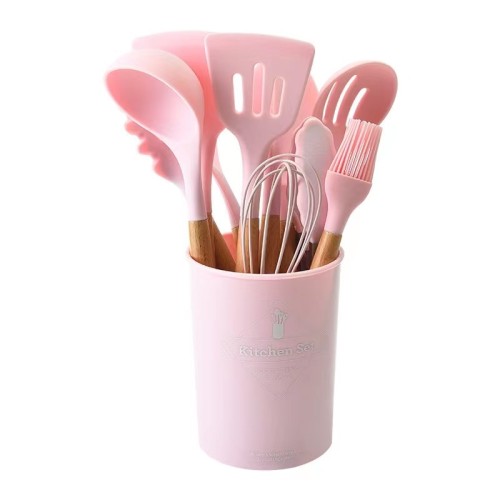 12 Pcs Silicone Cooking Utensils Set with Wooden Handle – Pink