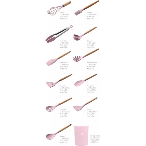 12 Pcs Silicone Cooking Utensils Set with Wooden Handle – Pink
