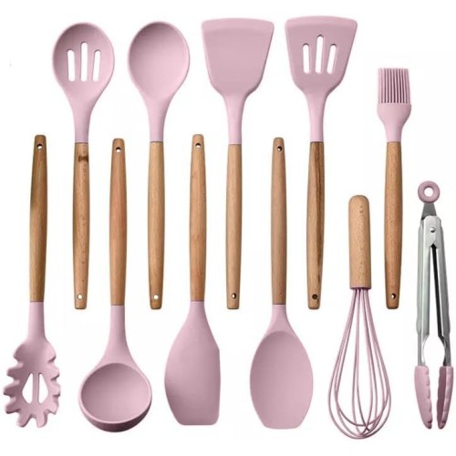 12 Pcs Silicone Cooking Utensils Set with Wooden Handle – Pink