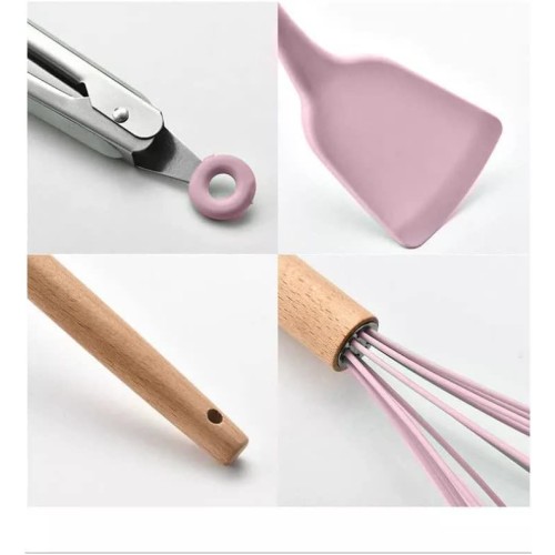12 Pcs Silicone Cooking Utensils Set with Wooden Handle – Pink