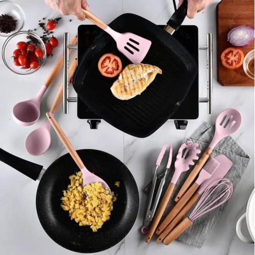 12 Pcs Silicone Cooking Utensils Set with Wooden Handle – Pink