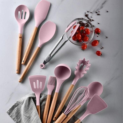 12 Pcs Silicone Cooking Utensils Set with Wooden Handle – Pink