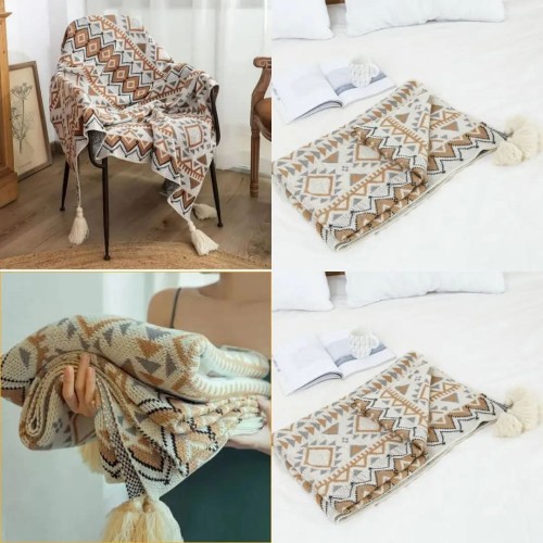 Nordic Bohemian Knitted Throw Blanket with Tassels