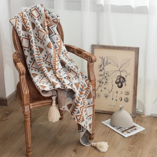 Nordic Bohemian Knitted Throw Blanket with Tassels